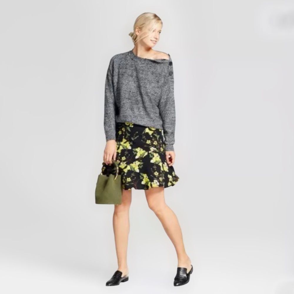 WWW Paneled Ruffle Mini Skirt Yellow Floral Print over Black Sz 10 NWOT